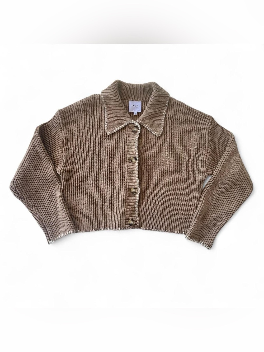 Le Lis Collection Tan Ribbed Knit Button-Up Sweater Size L | Chic Neutral Boho